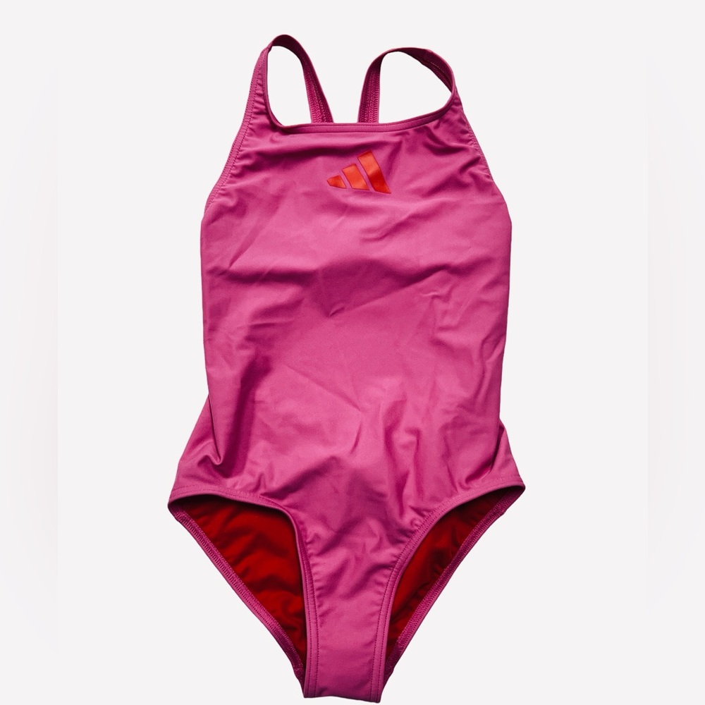 Adidas Girls Athletic Swimsuit Racerback One-piece Fuchsia/Scarlet Size XL - Picture 3 of 9